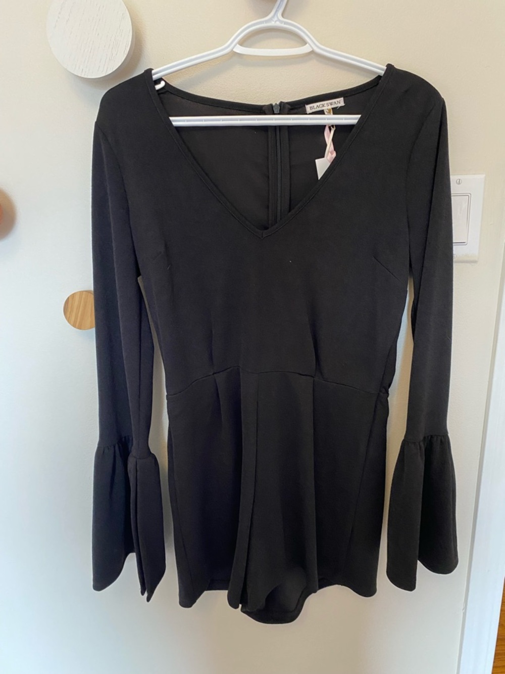 Black Swan Black V-Neck Long-Sleeve Mini romper with Bell Sleeves